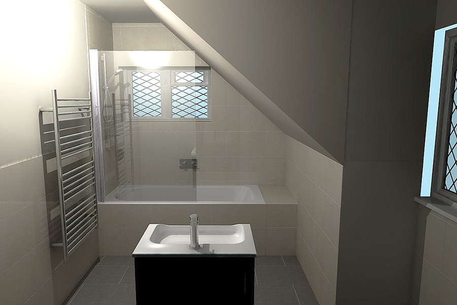 Over bath shower in a stylish loft bathroom with large light coloured porcelain tiles